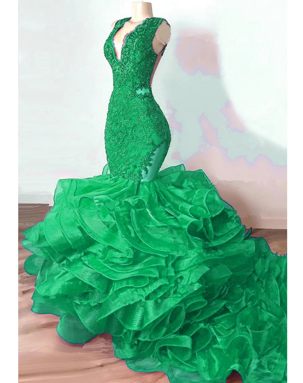 Luxury Royal Blue Lace Beaded Mermaid Evening Dresses Puffy Bottom Ruffles Long Prom Gowns Sexy Party Vestido Formatura