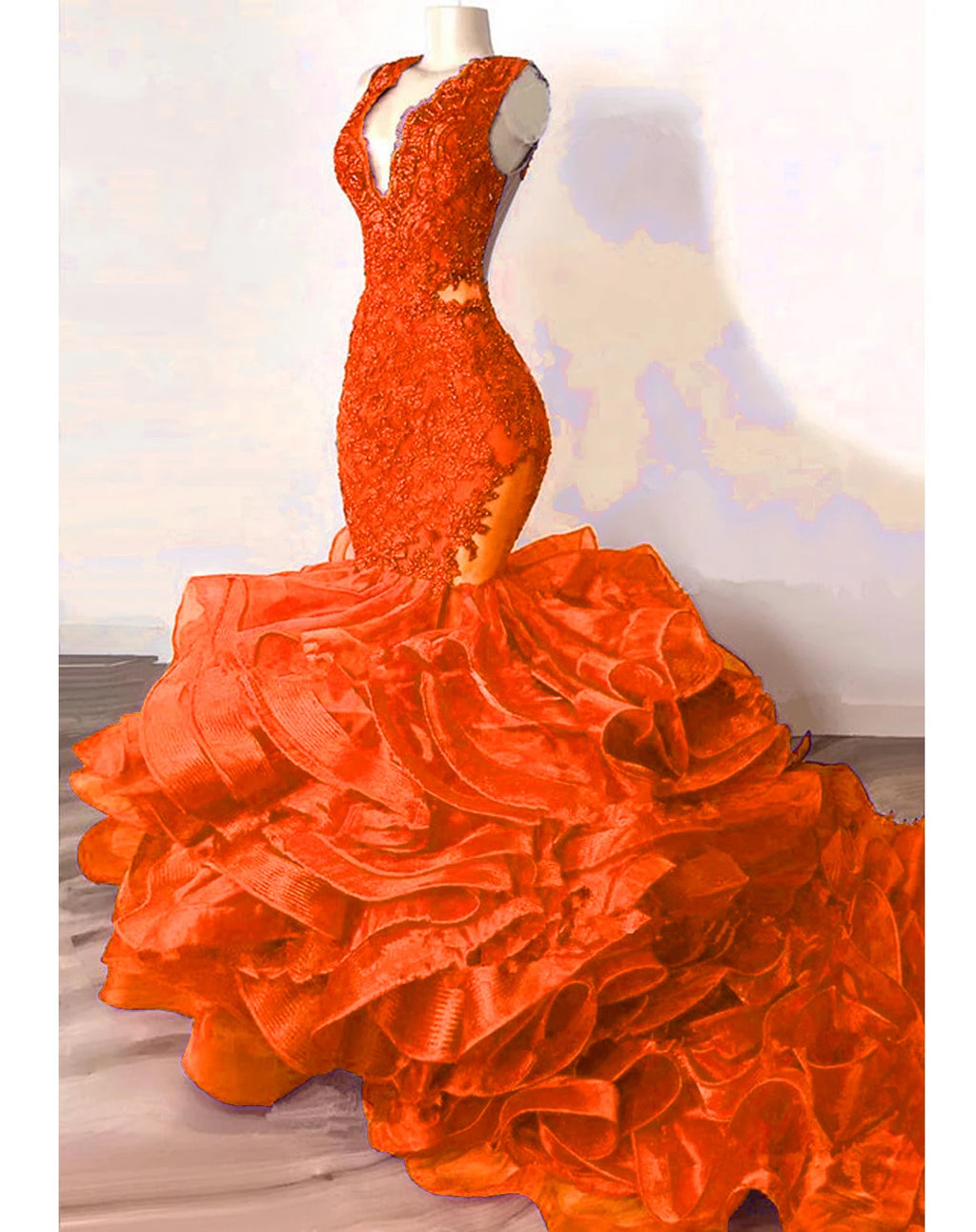 Luxury Royal Blue Lace Beaded Mermaid Evening Dresses Puffy Bottom Ruffles Long Prom Gowns Sexy Party Vestido Formatura