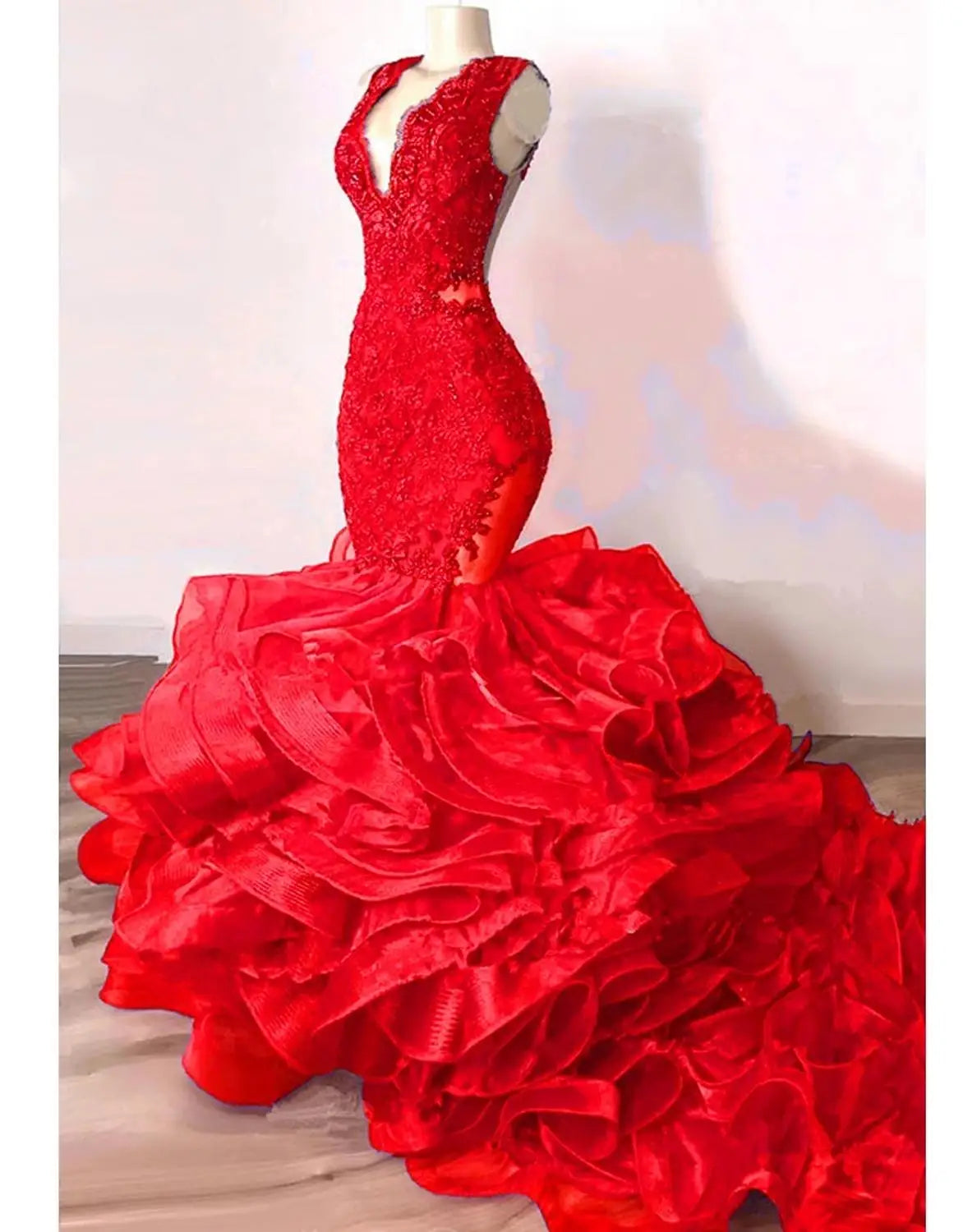 Luxury Royal Blue Lace Beaded Mermaid Evening Dresses Puffy Bottom Ruffles Long Prom Gowns Sexy Party Vestido Formatura