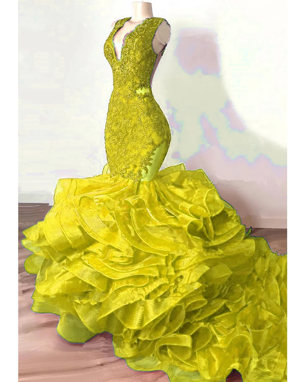 Luxury Royal Blue Lace Beaded Mermaid Evening Dresses Puffy Bottom Ruffles Long Prom Gowns Sexy Party Vestido Formatura