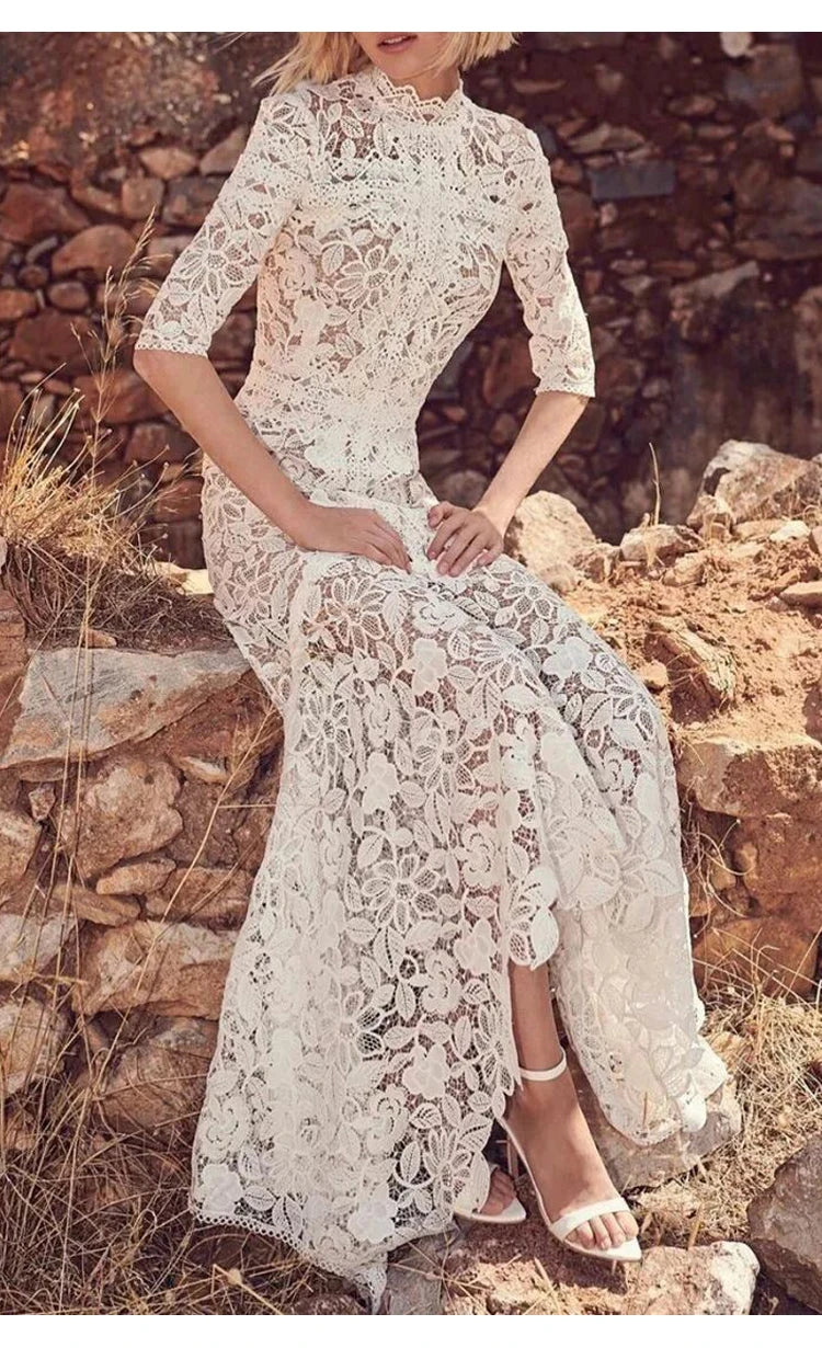 Light Mature Blue Lace Dress Irregular Dress High Low Fit Long Dress Fashion