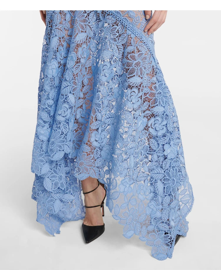 Light Mature Blue Lace Dress Irregular Dress High Low Fit Long Dress Fashion