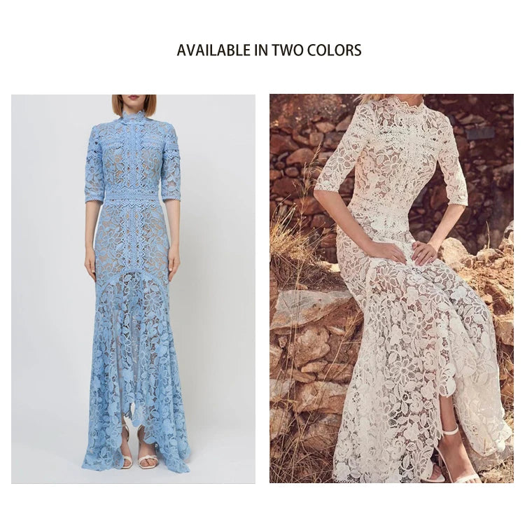 Light Mature Blue Lace Dress Irregular Dress High Low Fit Long Dress Fashion