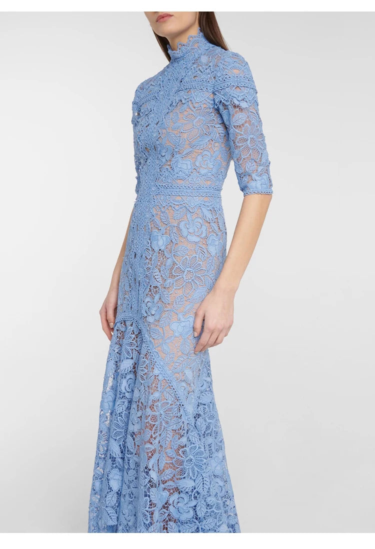 Light Mature Blue Lace Dress Irregular Dress High Low Fit Long Dress Fashion