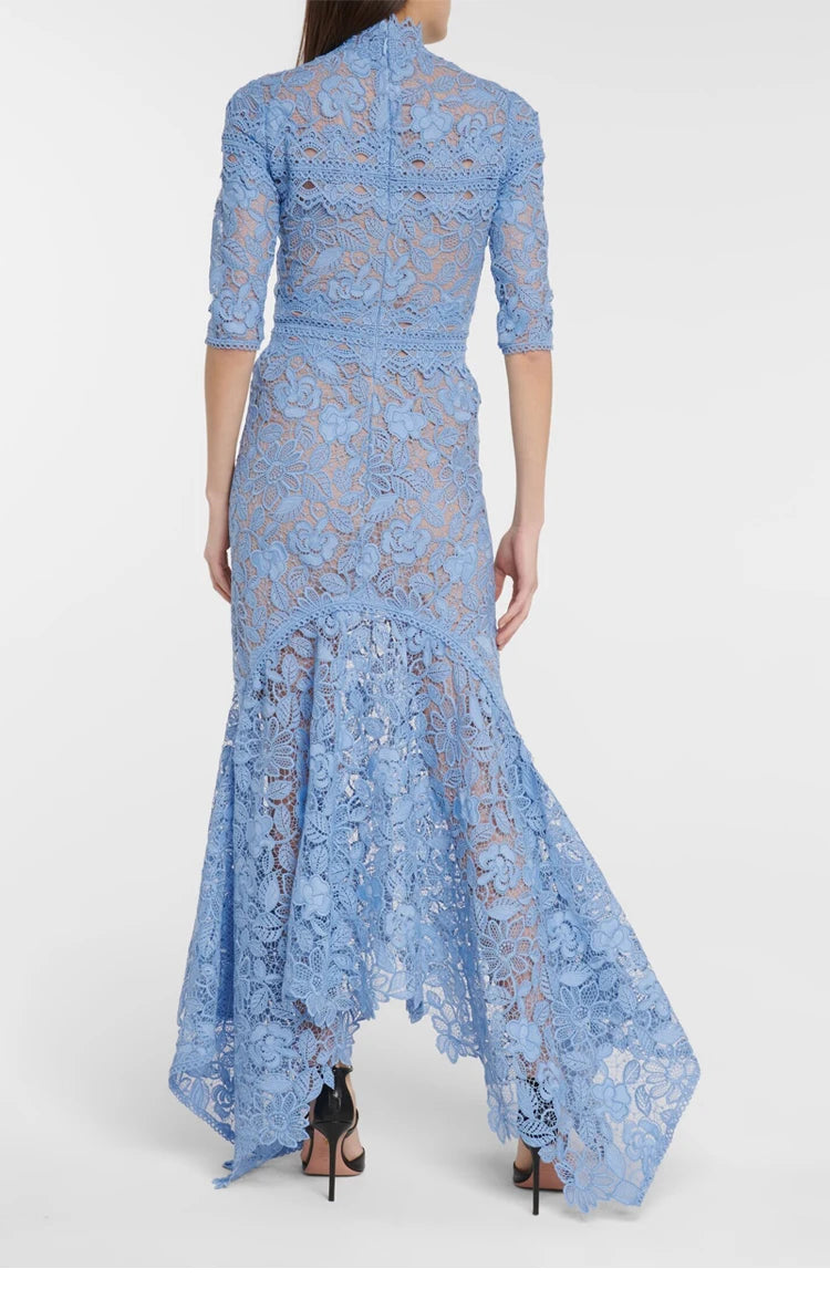 Light Mature Blue Lace Dress Irregular Dress High Low Fit Long Dress Fashion