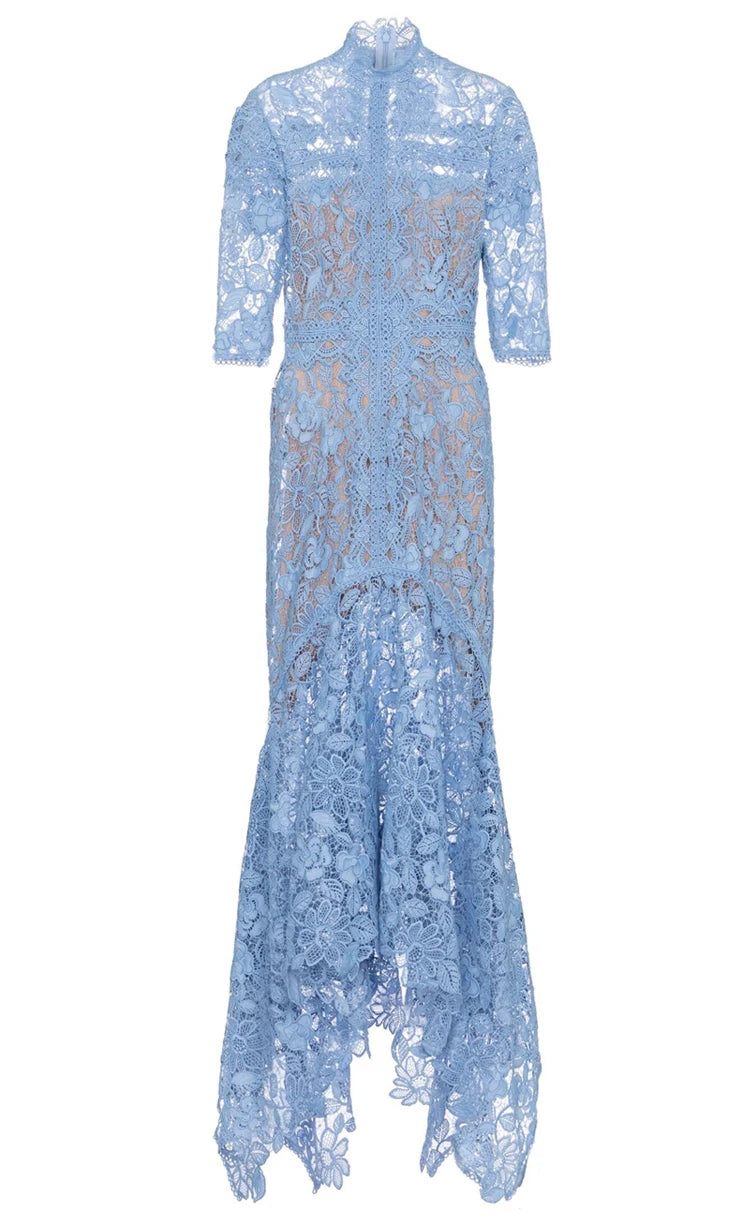 Light Mature Blue Lace Dress Irregular Dress High Low Fit Long Dress Fashion