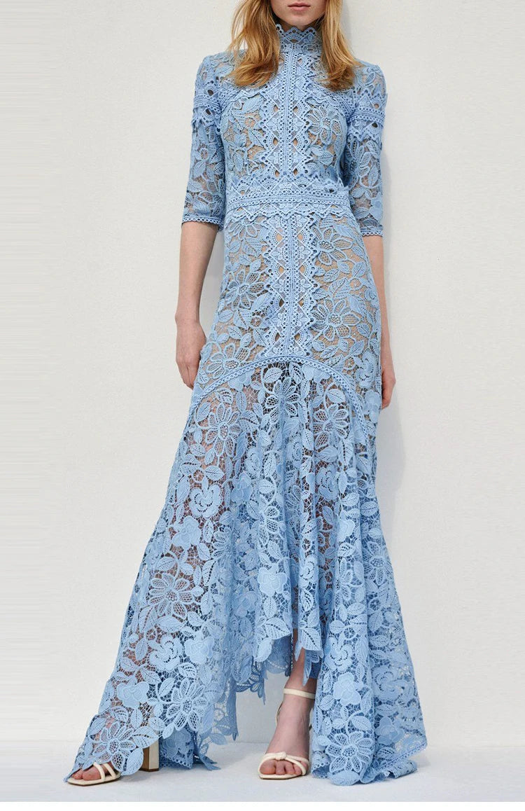 Light Mature Blue Lace Dress Irregular Dress High Low Fit Long Dress Fashion