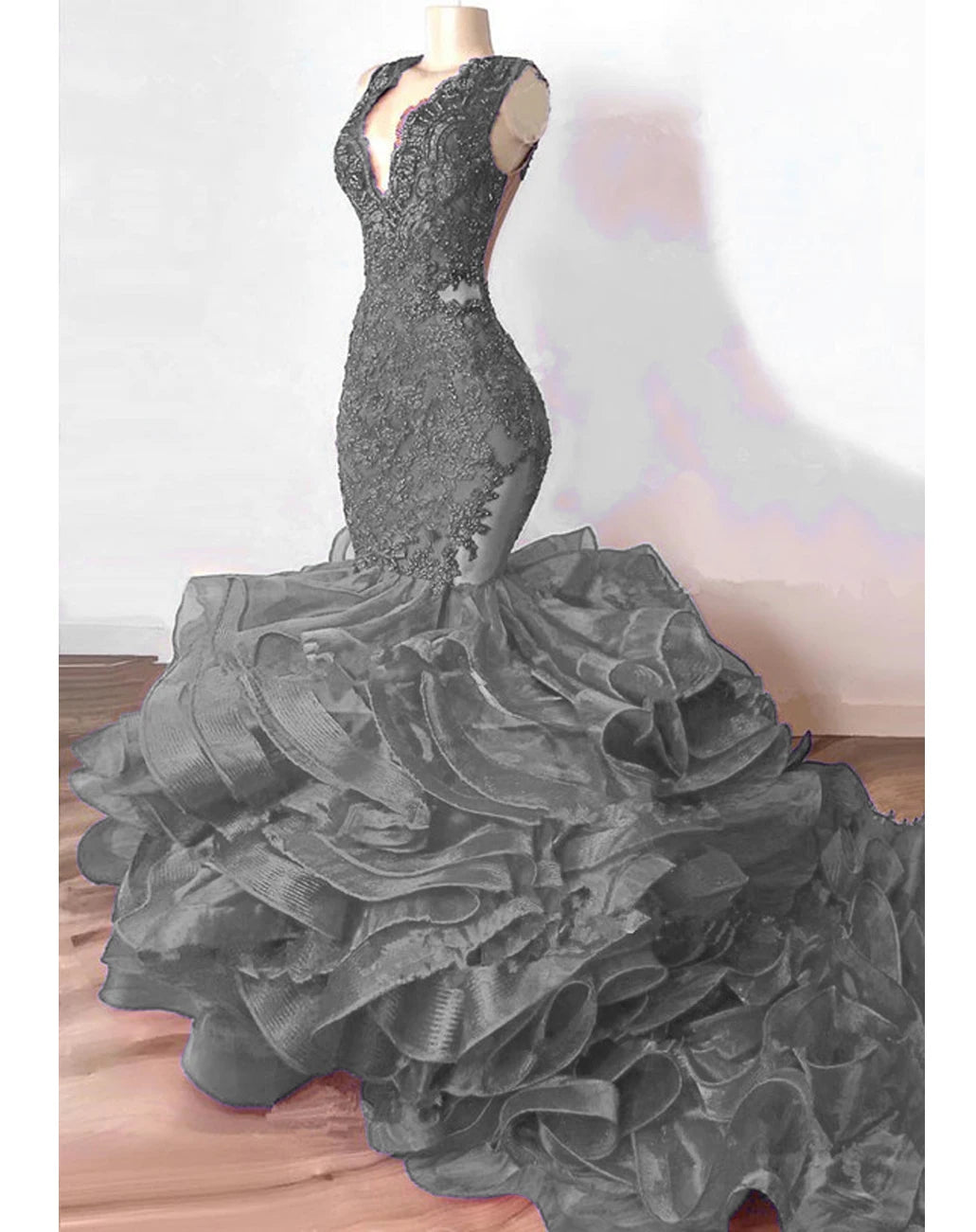 Luxury Royal Blue Lace Beaded Mermaid Evening Dresses Puffy Bottom Ruffles Long Prom Gowns Sexy Party Vestido Formatura