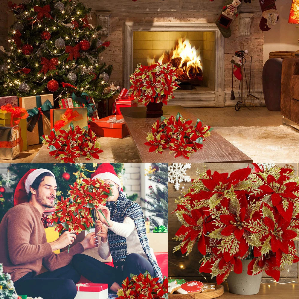 1pc Christmas Glitter Poinsettia Artificial Flowers Bushes Fake Flower Bouquet for New Year Home Xmas Tree Decorations Ornaments