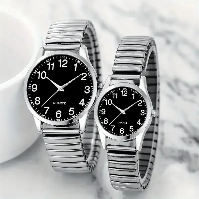 1/2PCS Fashion Couple Watches Simple Arabic Dial Men Quartz Watch Elastic Band Women Wristwatches