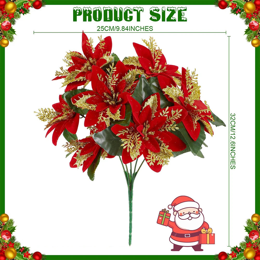 1pc Christmas Glitter Poinsettia Artificial Flowers Bushes Fake Flower Bouquet for New Year Home Xmas Tree Decorations Ornaments