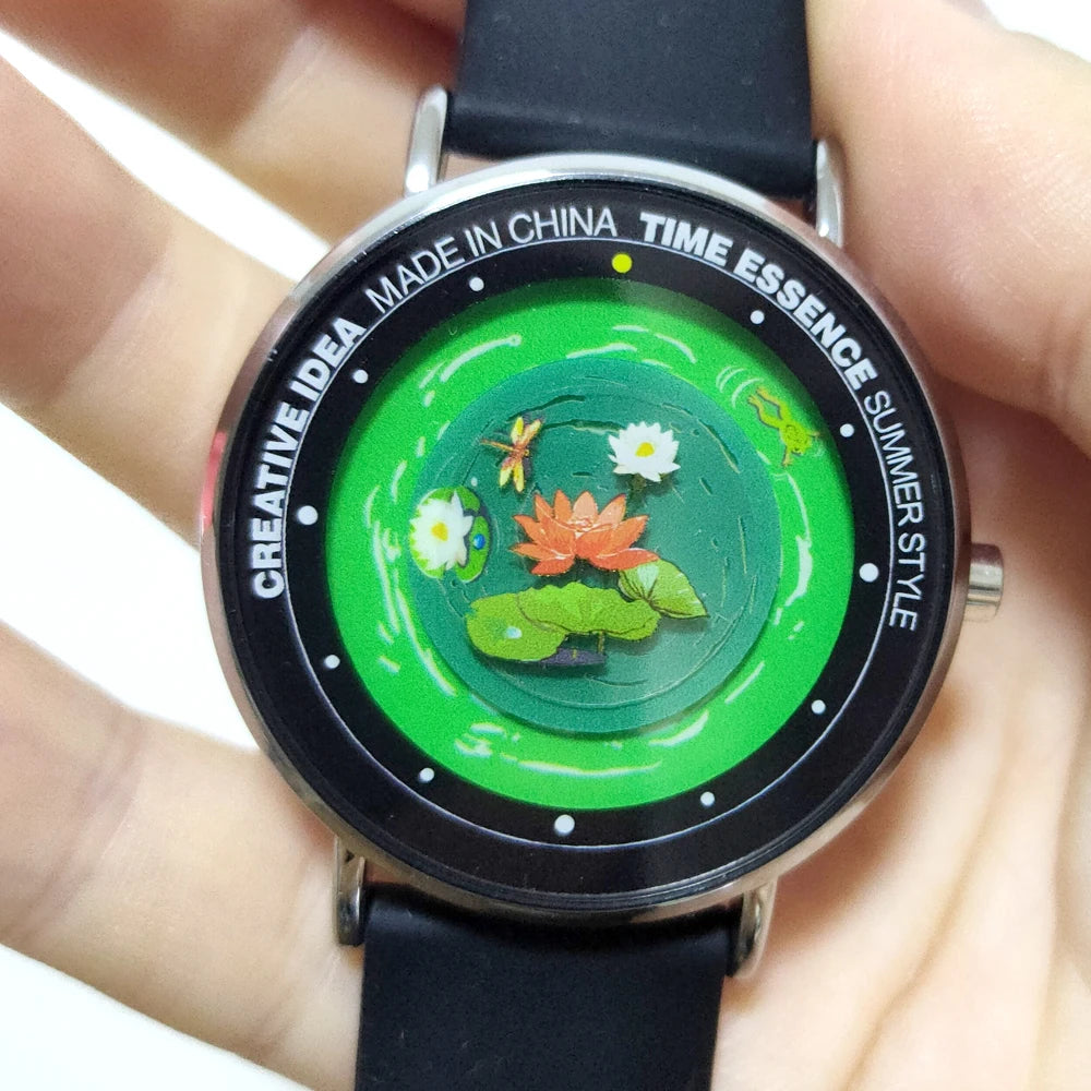 Quartz Watches Original Design Watch with Frog, Dragonfly & Lotus Pond Wristwatch Comfortable Silicone Strap