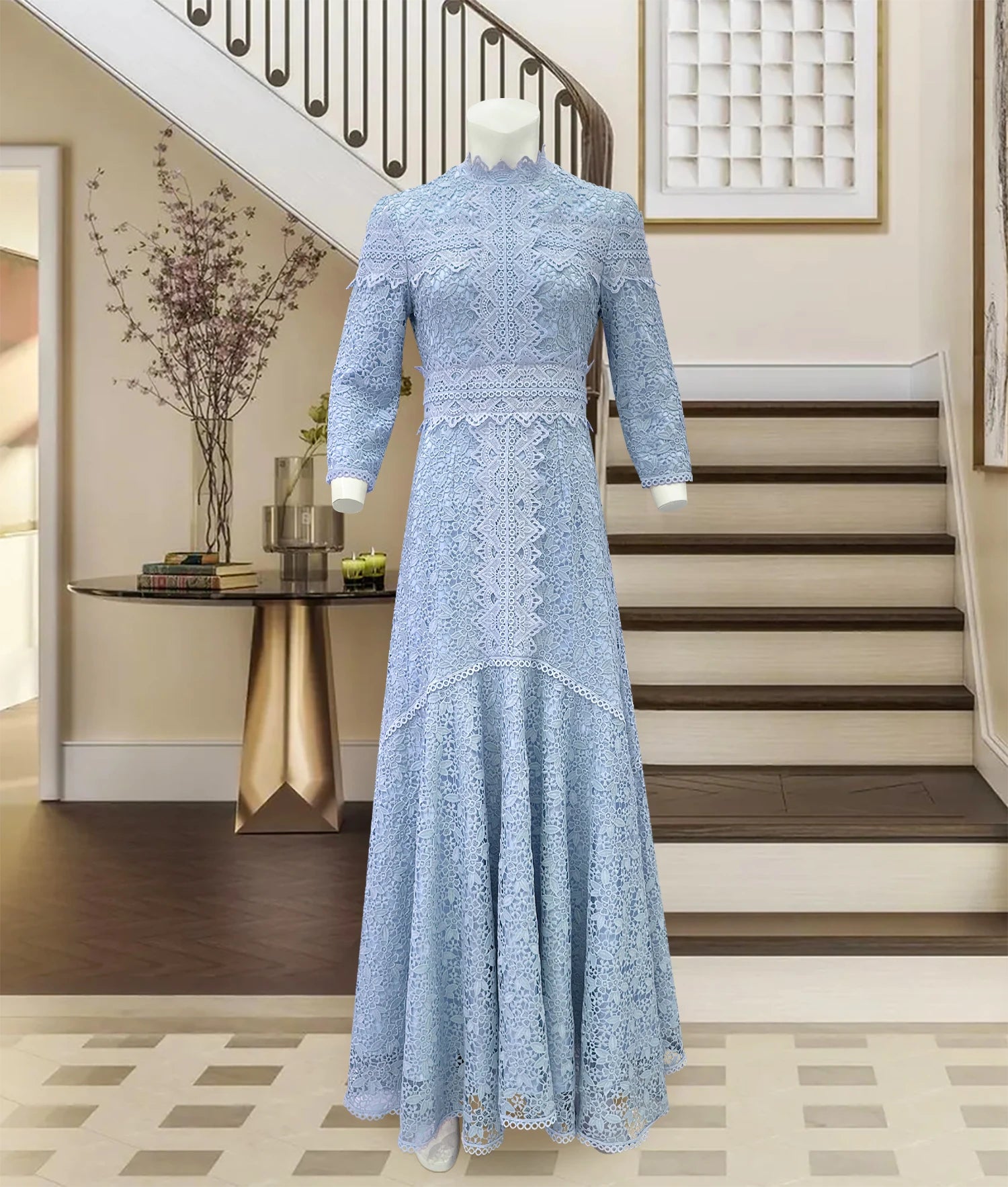 Light Mature Blue Lace Dress Irregular Dress High Low Fit Long Dress Fashion
