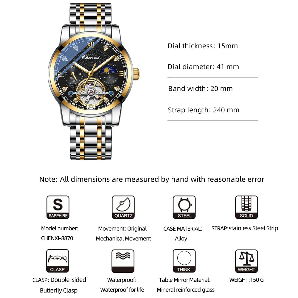CHENXI Mens Mechanical Watches Top Brand Stainless Steel Automatic Watch Men Waterproof Business Wristwatch with Luminous