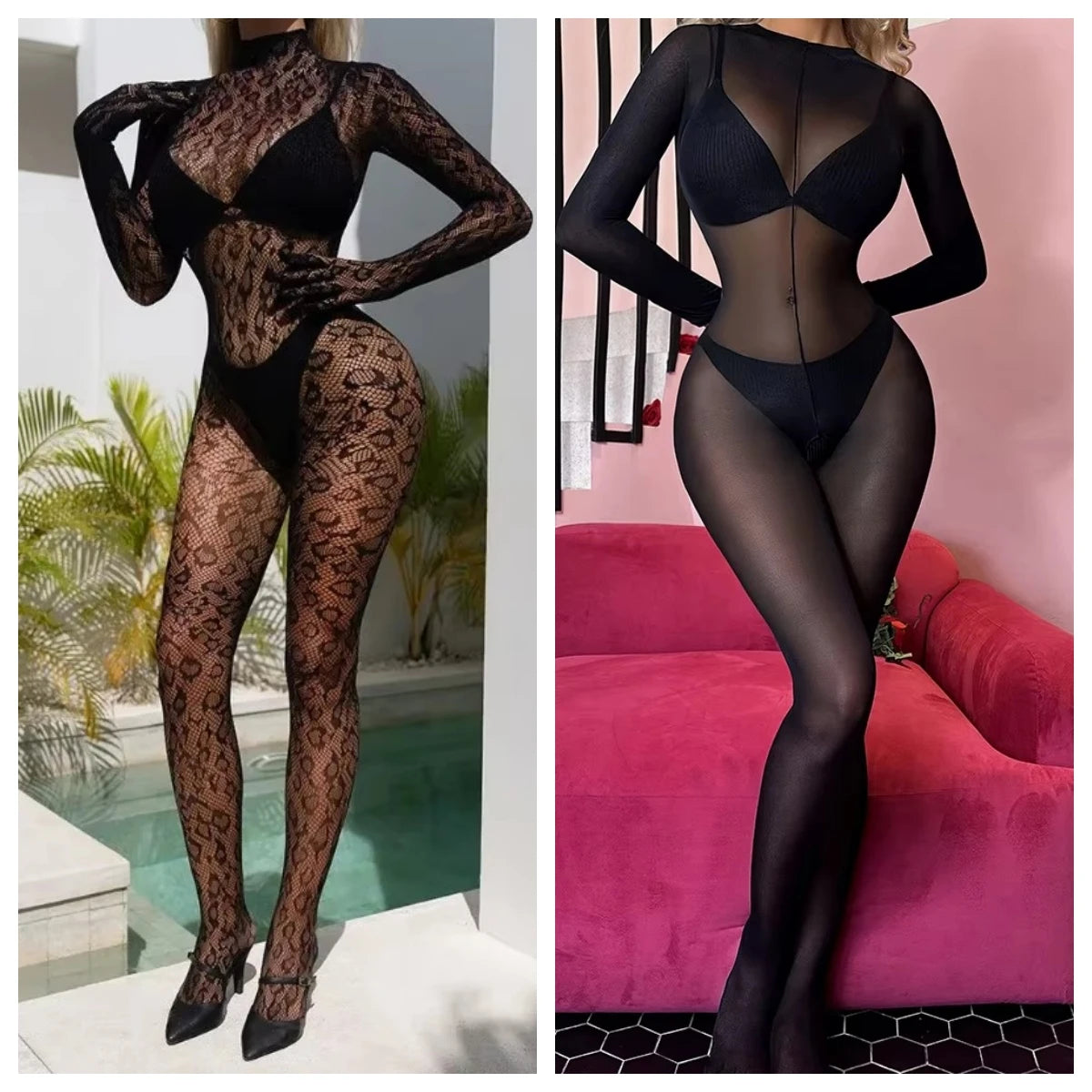 Simplejewel 1pcs/2pcs Women's Sexy Fishnet Jumpsuit Bodysuit Mesh See-through Lingerie Babydoll Nightgown Bodystocking Nightwear