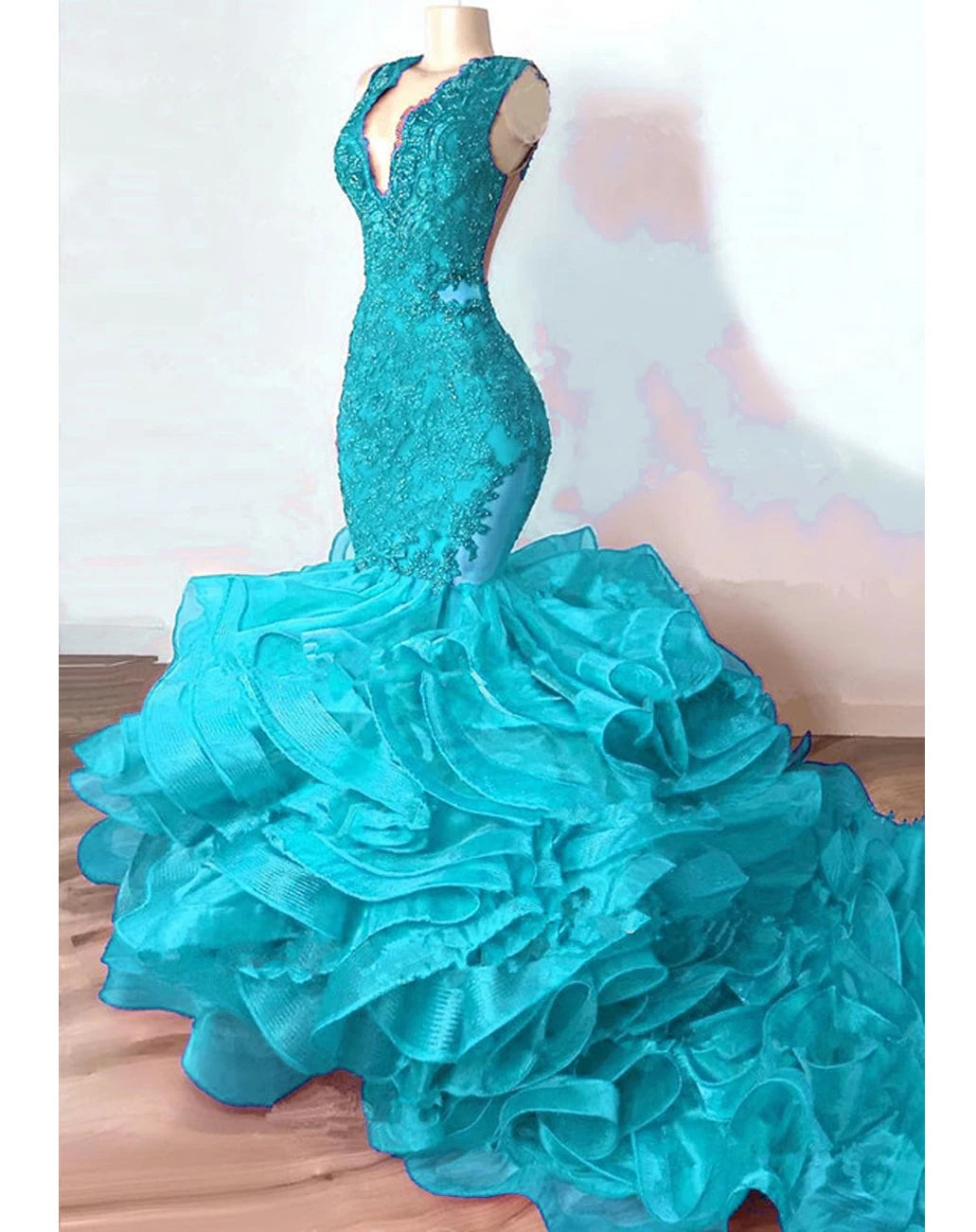Luxury Royal Blue Lace Beaded Mermaid Evening Dresses Puffy Bottom Ruffles Long Prom Gowns Sexy Party Vestido Formatura