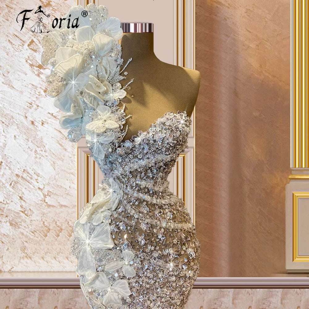 Couture White Beads Sequins Formal Evening Party Gowns Dubai One Shoulder Handmade 3D Flowers Prom Dresses Long Vestidos