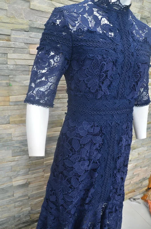 Light Mature Blue Lace Dress Irregular Dress High Low Fit Long Dress Fashion