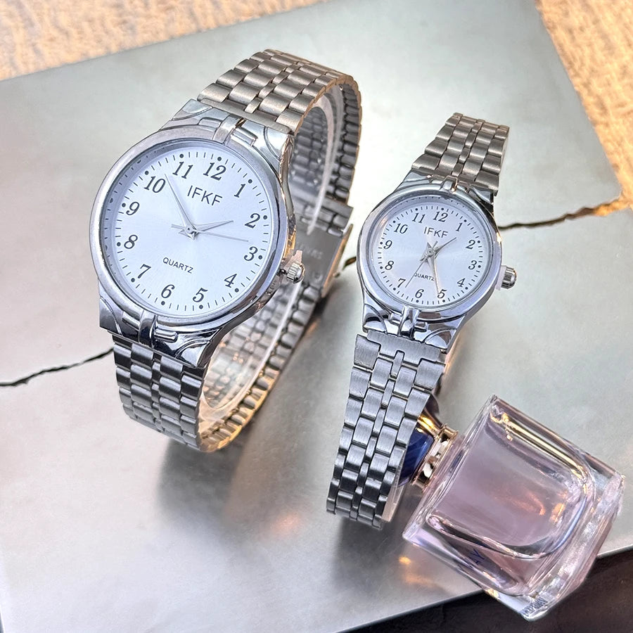 Digital Large Dial Unisex Quartz Watch Fashion Classic Steel Band Couple Gift Combination Men's And Women's Wristwatch