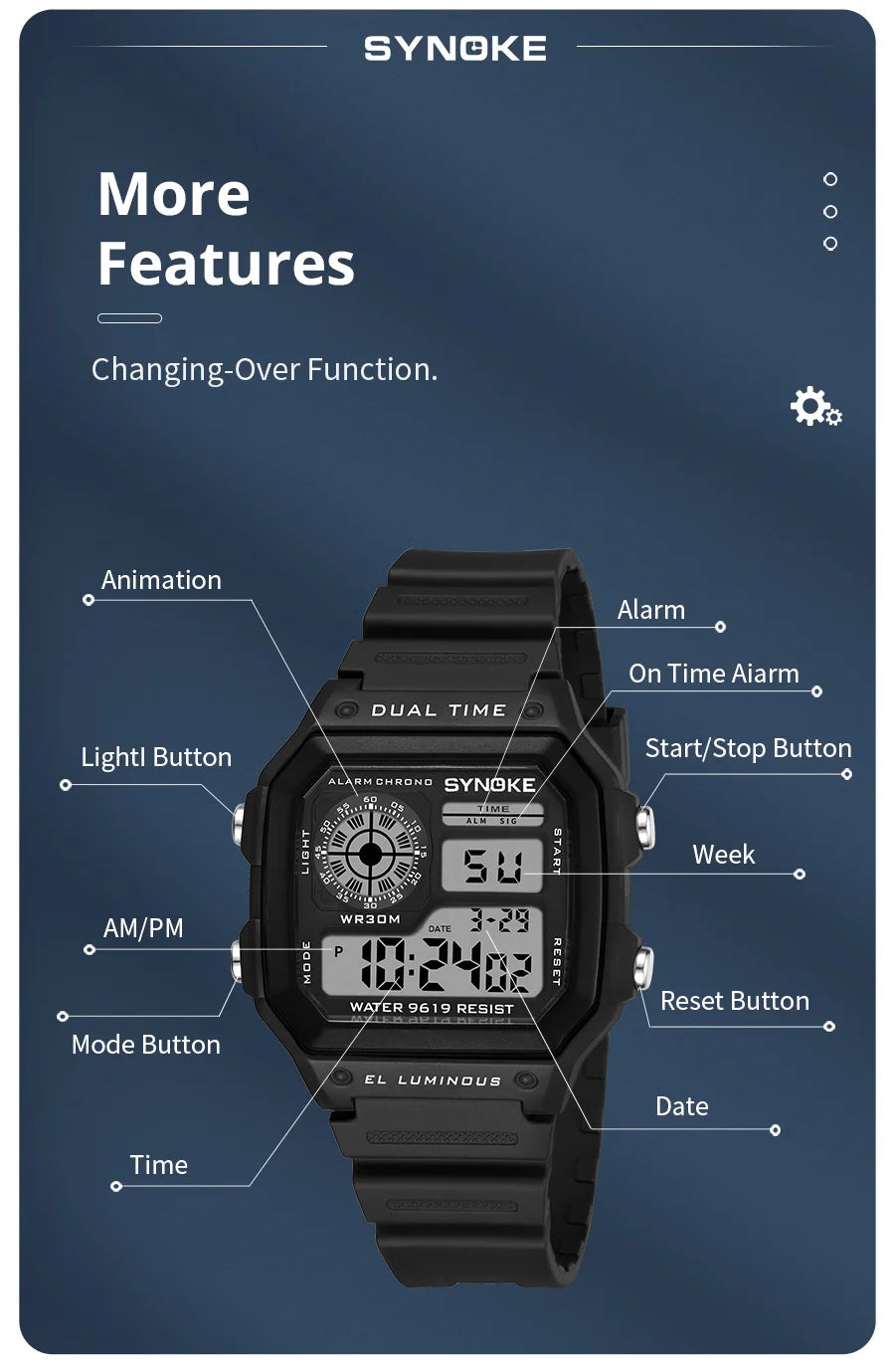 SYNOKE Military Digital Watches Men Sports Luminous Chronograph Waterproof Male Electronic Wrist Watches Relogio Masculino