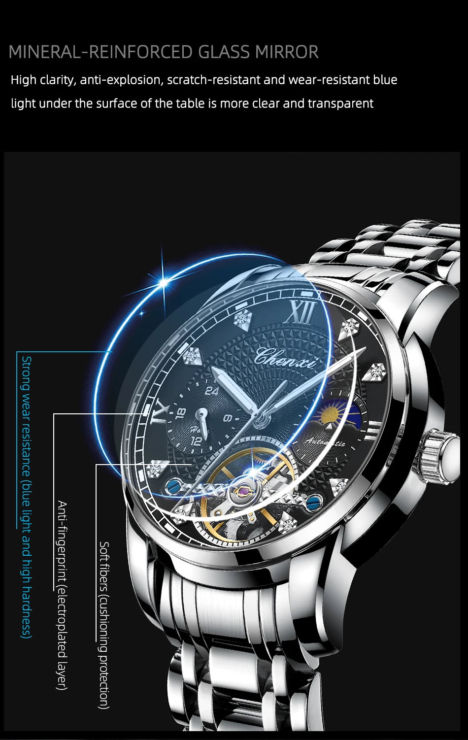 CHENXI Mens Mechanical Watches Top Brand Stainless Steel Automatic Watch Men Waterproof Business Wristwatch with Luminous