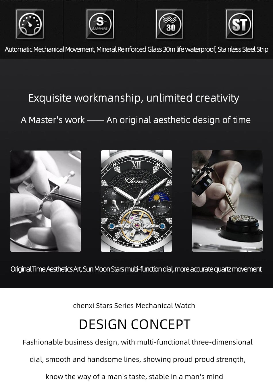 CHENXI Mens Mechanical Watches Top Brand Stainless Steel Automatic Watch Men Waterproof Business Wristwatch with Luminous