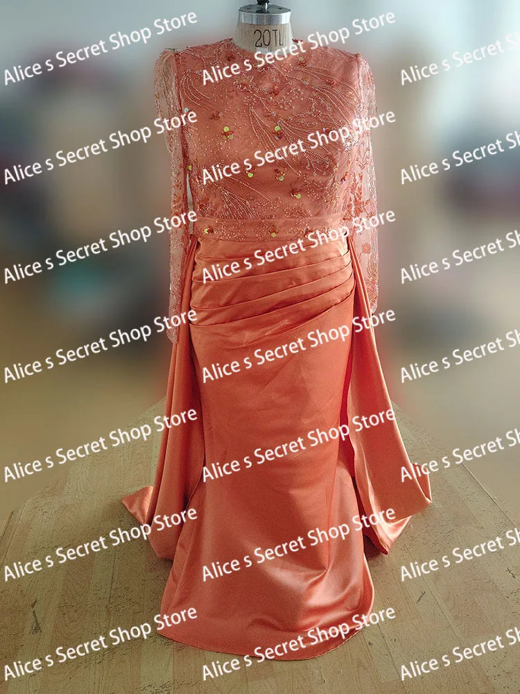 Exquisite long sleeved dance dress for formal occasions, mermaid shawl, floor dragging satin evening dress 2026