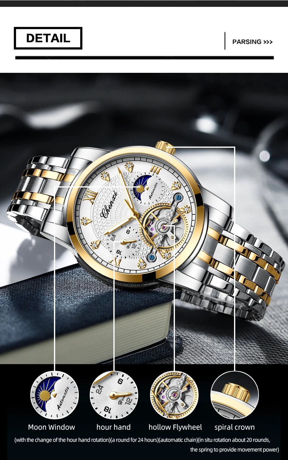 CHENXI Mens Mechanical Watches Top Brand Stainless Steel Automatic Watch Men Waterproof Business Wristwatch with Luminous
