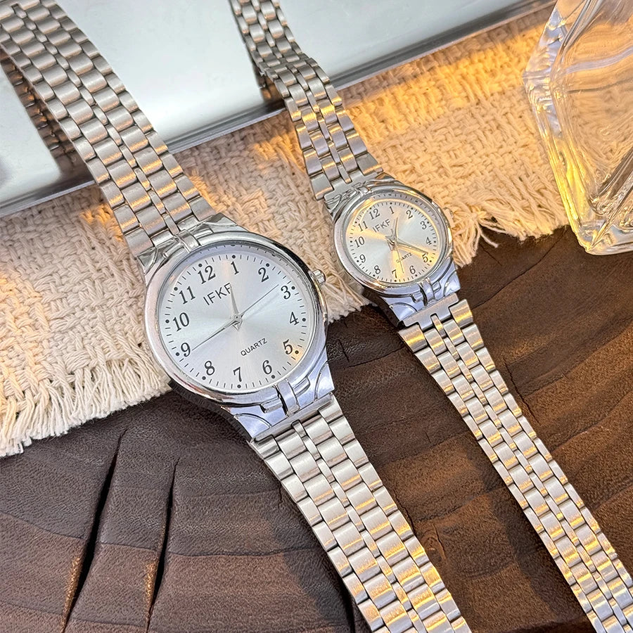 Digital Large Dial Unisex Quartz Watch Fashion Classic Steel Band Couple Gift Combination Men's And Women's Wristwatch