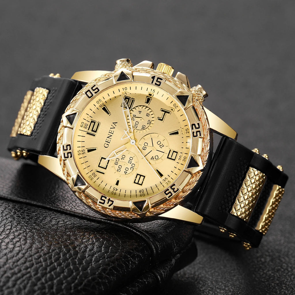 2pcs Men's Quartz Watch Set Fashion Men Business Watches Silicone Band Wristwatches