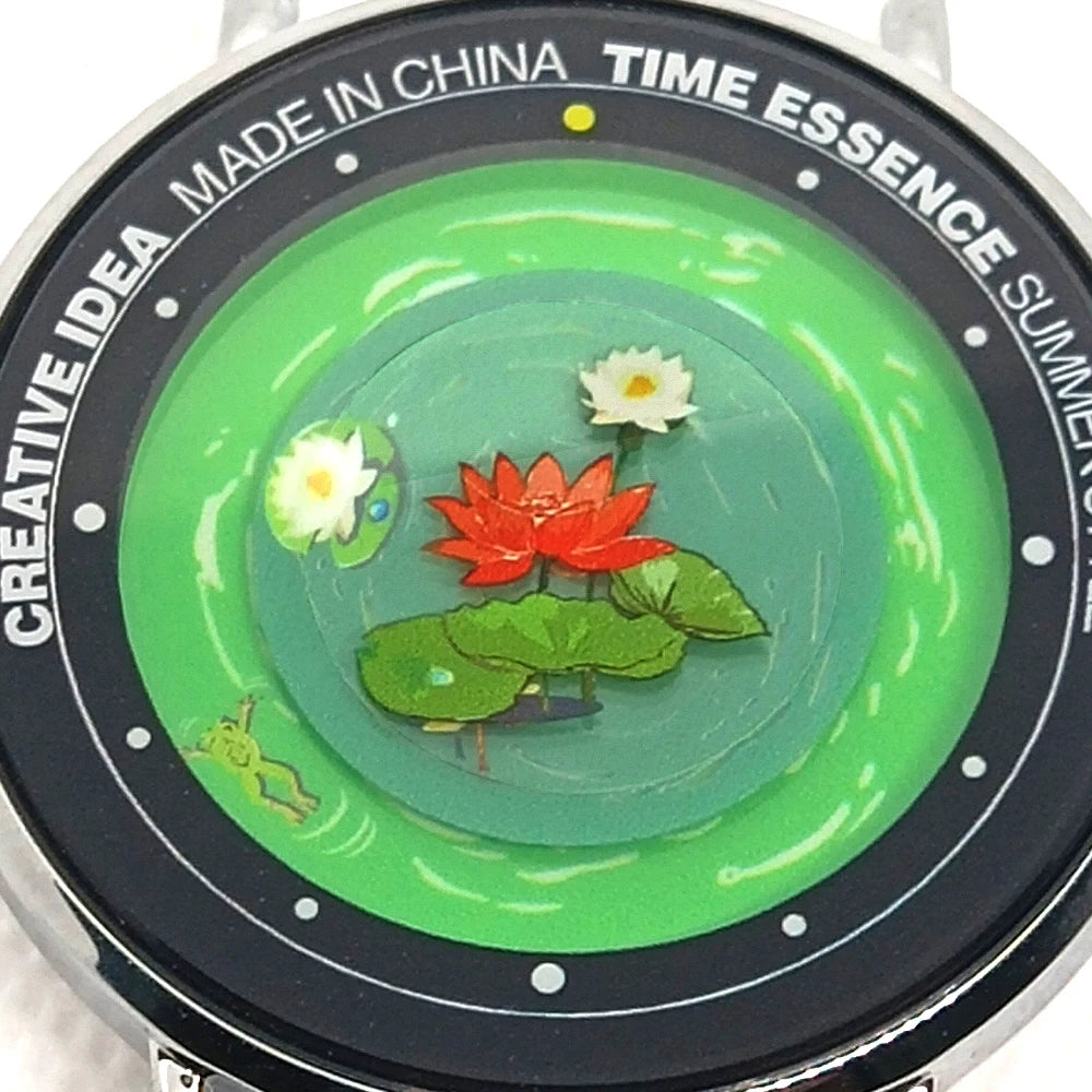 Quartz Watches Original Design Watch with Frog, Dragonfly & Lotus Pond Wristwatch Comfortable Silicone Strap