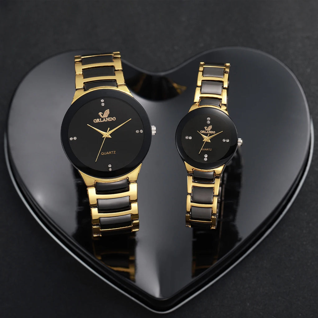 2PCS Couple's Watches Fashion Stainless Steel Band Women's Quartz Watch Men Business Wristwatches