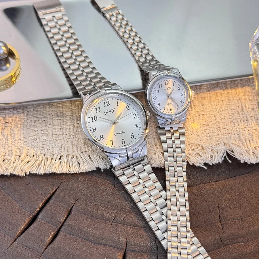 Digital Large Dial Unisex Quartz Watch Fashion Classic Steel Band Couple Gift Combination Men's And Women's Wristwatch