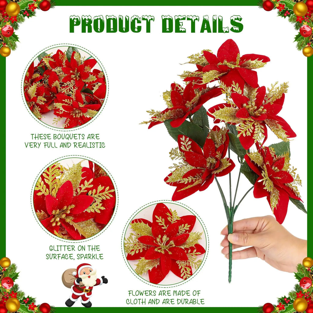 1pc Christmas Glitter Poinsettia Artificial Flowers Bushes Fake Flower Bouquet for New Year Home Xmas Tree Decorations Ornaments
