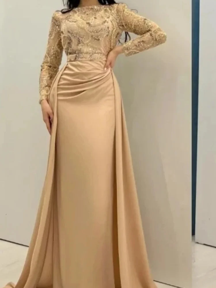 Exquisite long sleeved dance dress for formal occasions, mermaid shawl, floor dragging satin evening dress 2026