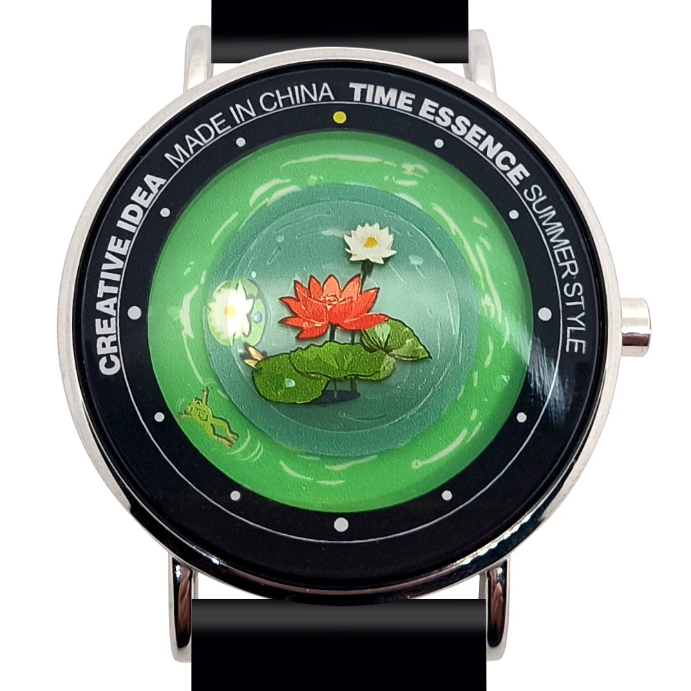 Quartz Watches Original Design Watch with Frog, Dragonfly & Lotus Pond Wristwatch Comfortable Silicone Strap