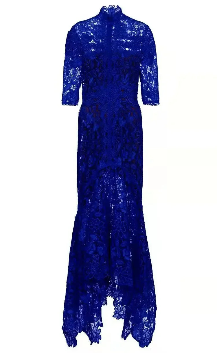 Light Mature Blue Lace Dress Irregular Dress High Low Fit Long Dress Fashion