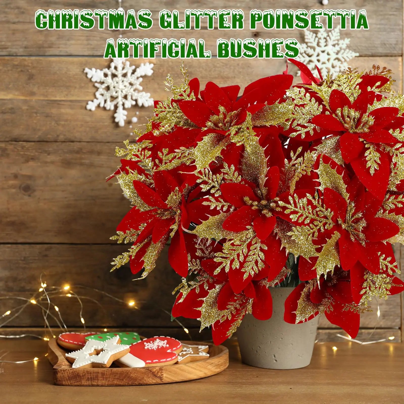 1pc Christmas Glitter Poinsettia Artificial Flowers Bushes Fake Flower Bouquet for New Year Home Xmas Tree Decorations Ornaments