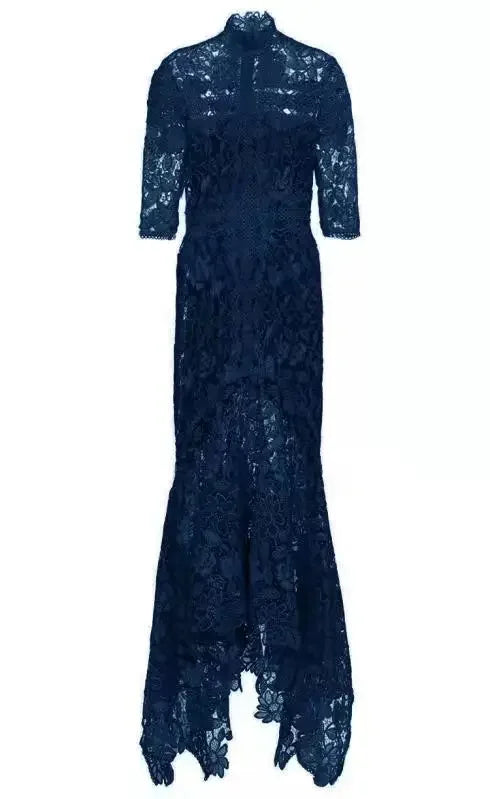 Light Mature Blue Lace Dress Irregular Dress High Low Fit Long Dress Fashion