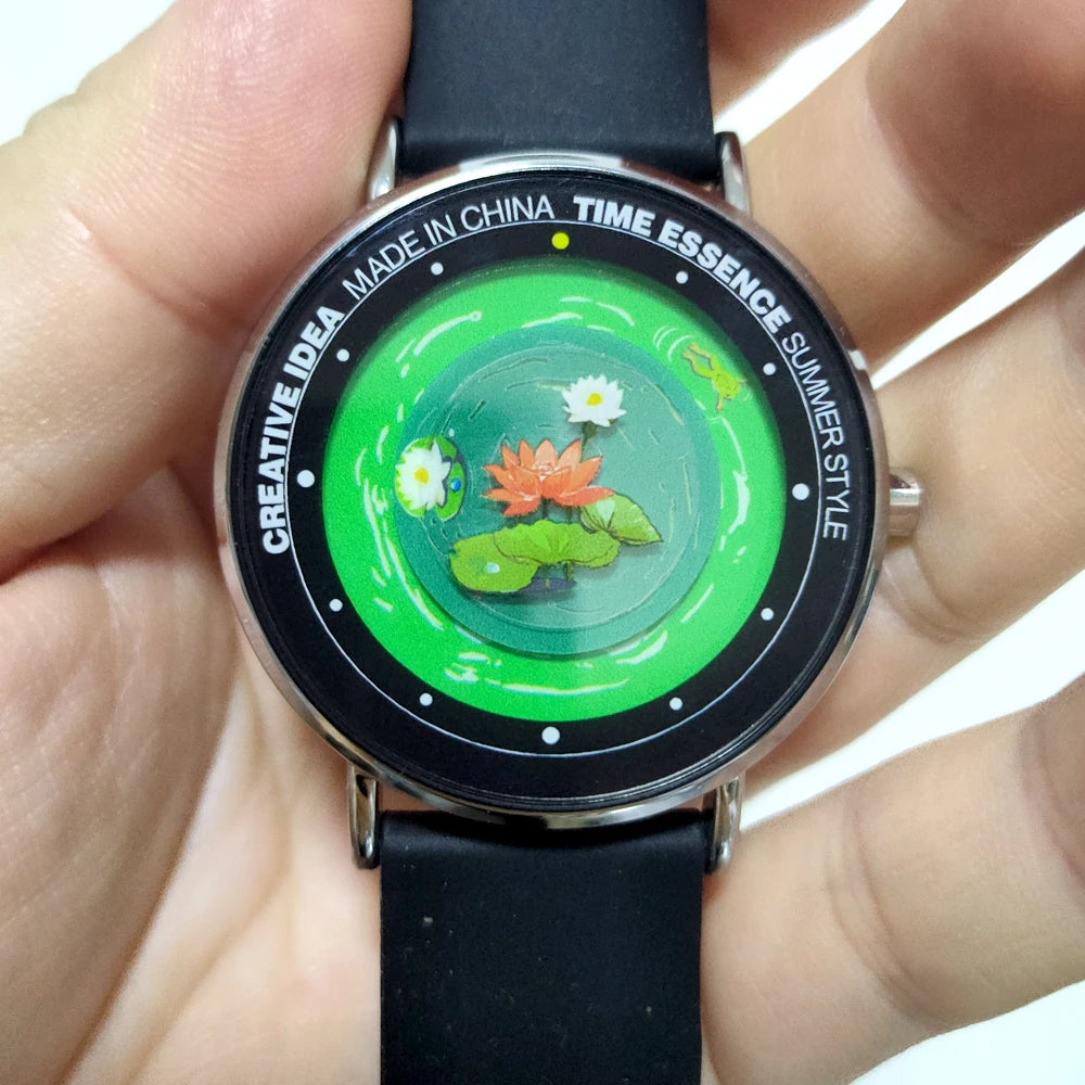 Quartz Watches Original Design Watch with Frog, Dragonfly & Lotus Pond Wristwatch Comfortable Silicone Strap