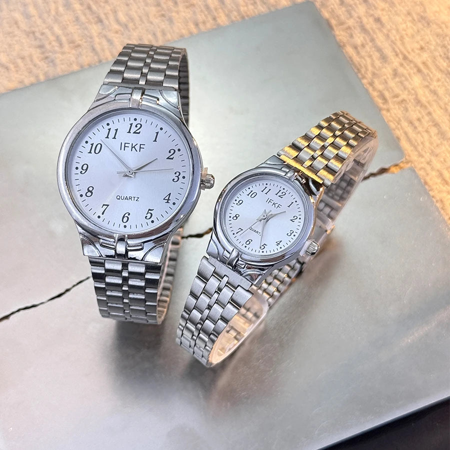 Digital Large Dial Unisex Quartz Watch Fashion Classic Steel Band Couple Gift Combination Men's And Women's Wristwatch