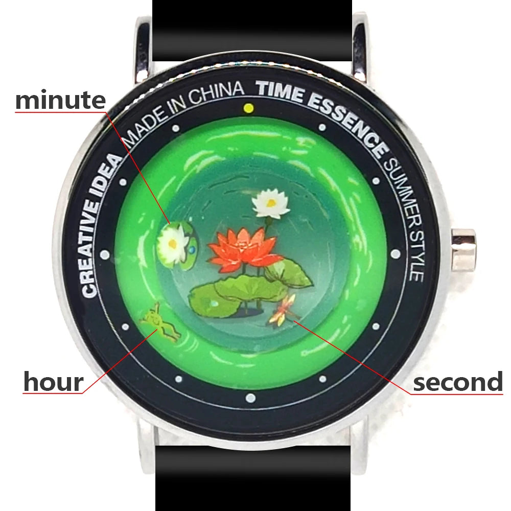 Quartz Watches Original Design Watch with Frog, Dragonfly & Lotus Pond Wristwatch Comfortable Silicone Strap