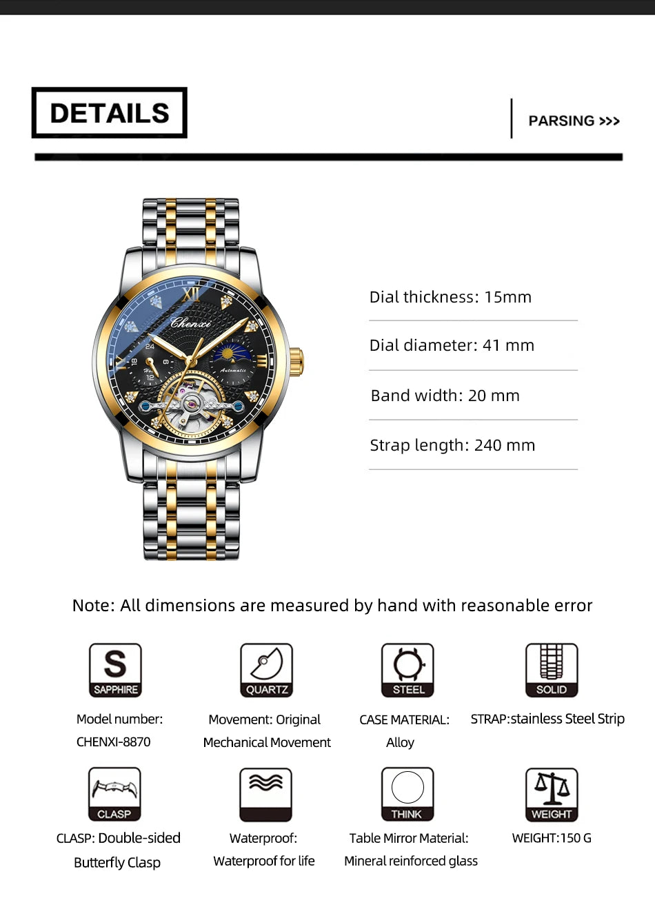 CHENXI Mens Mechanical Watches Top Brand Stainless Steel Automatic Watch Men Waterproof Business Wristwatch with Luminous