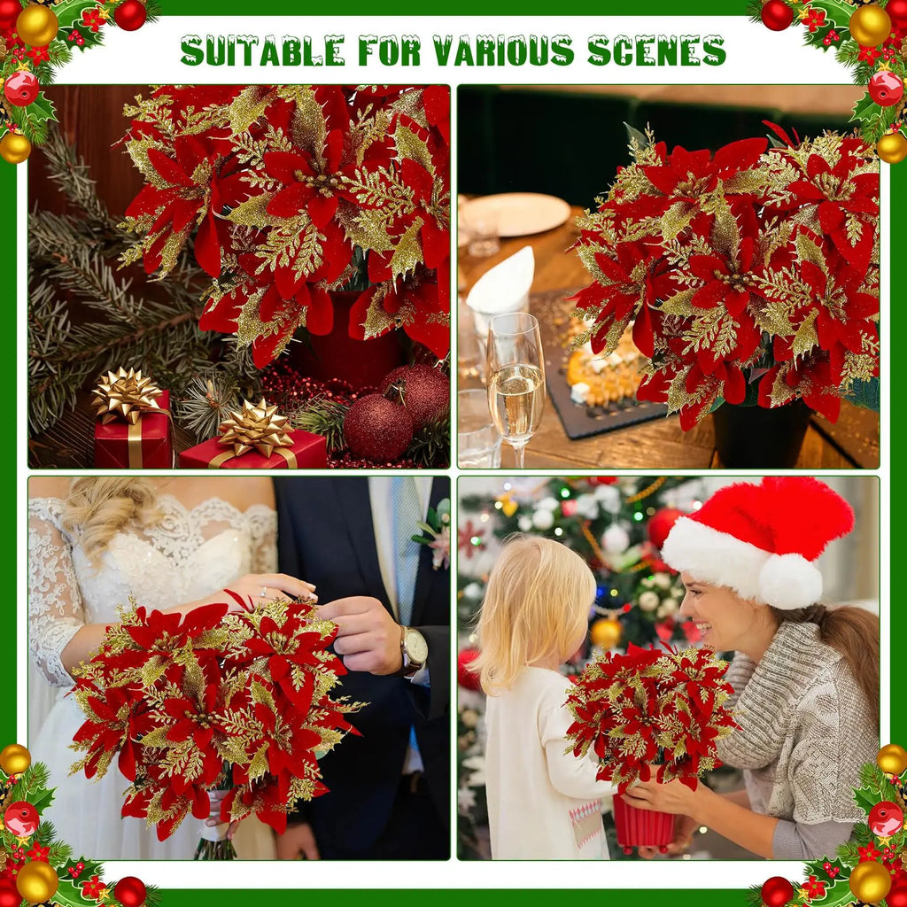 1pc Christmas Glitter Poinsettia Artificial Flowers Bushes Fake Flower Bouquet for New Year Home Xmas Tree Decorations Ornaments
