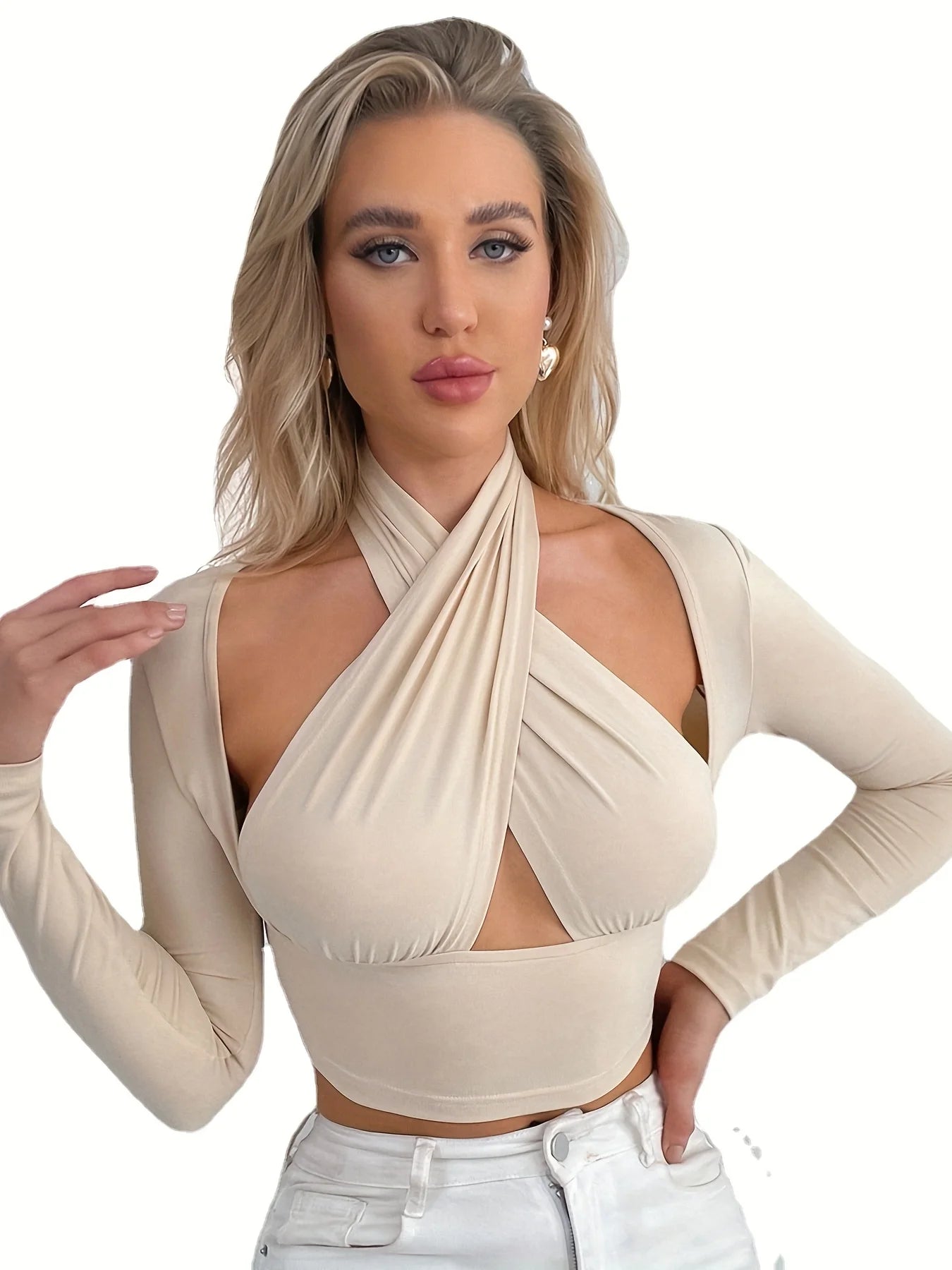 New fashionable and sexy cross neck loose T-shirt with shoulder sleeves and hollowed out top for women