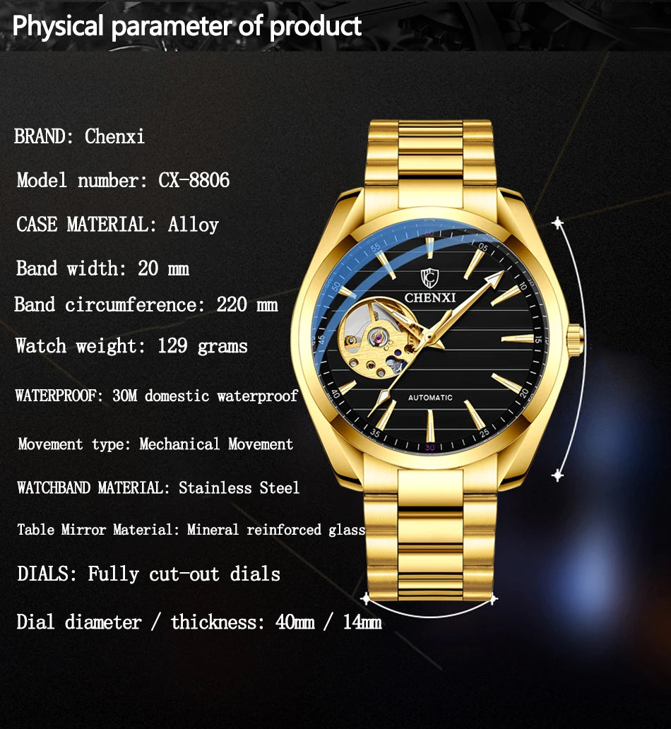 CHENXI Top Luxury Brand Men Mechanical Wristwatch Automatic Watch Men Business Stainless Steel Waterproof Watches