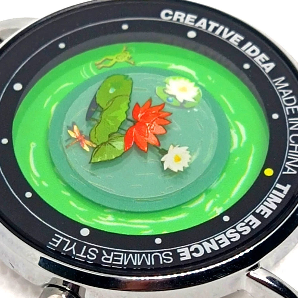 Quartz Watches Original Design Watch with Frog, Dragonfly & Lotus Pond Wristwatch Comfortable Silicone Strap