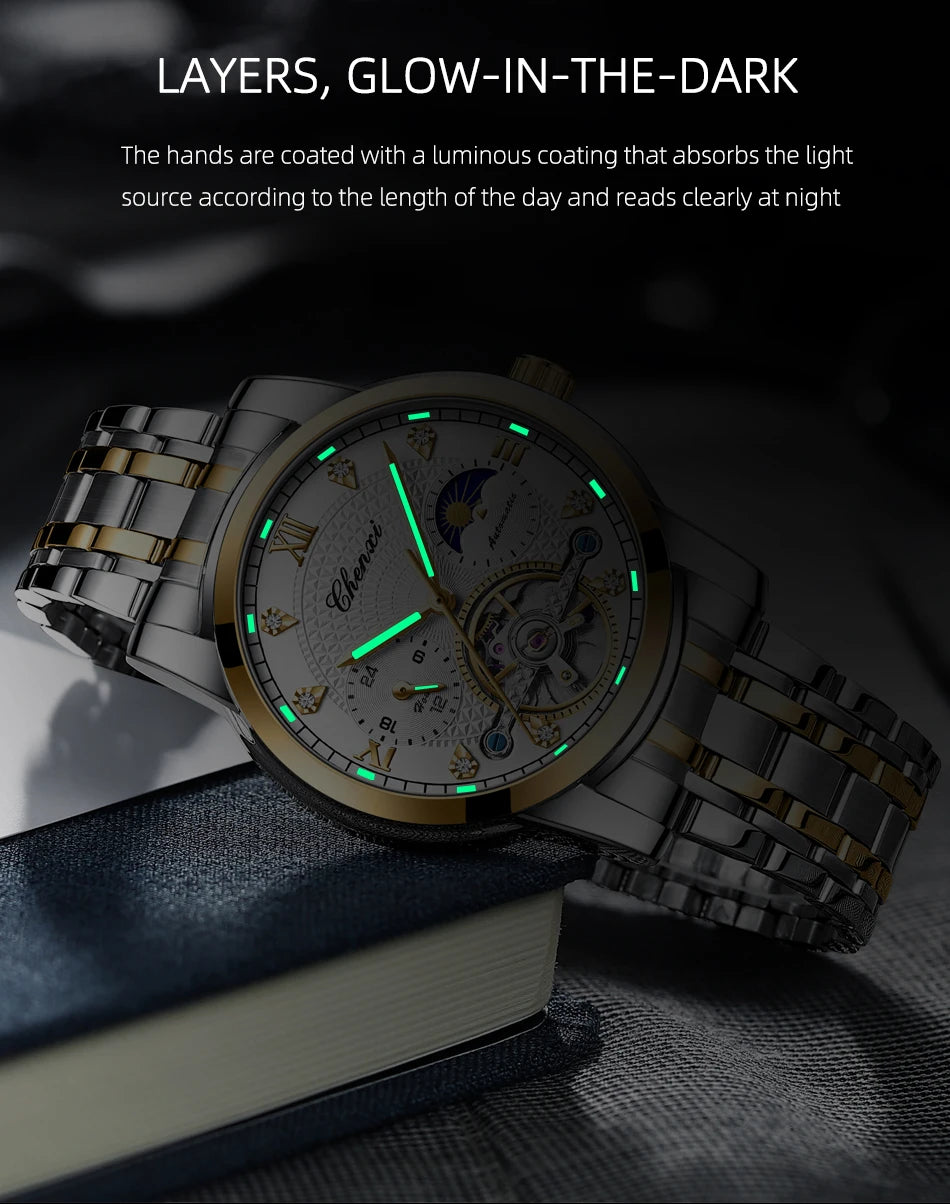 CHENXI Mens Mechanical Watches Top Brand Stainless Steel Automatic Watch Men Waterproof Business Wristwatch with Luminous
