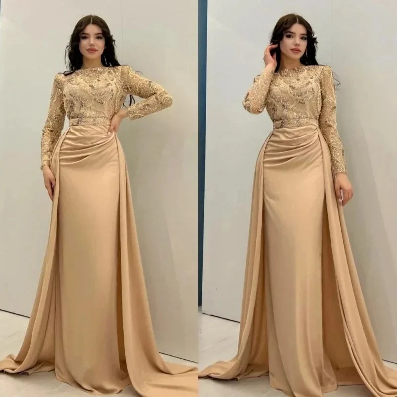 Exquisite long sleeved dance dress for formal occasions, mermaid shawl, floor dragging satin evening dress 2026