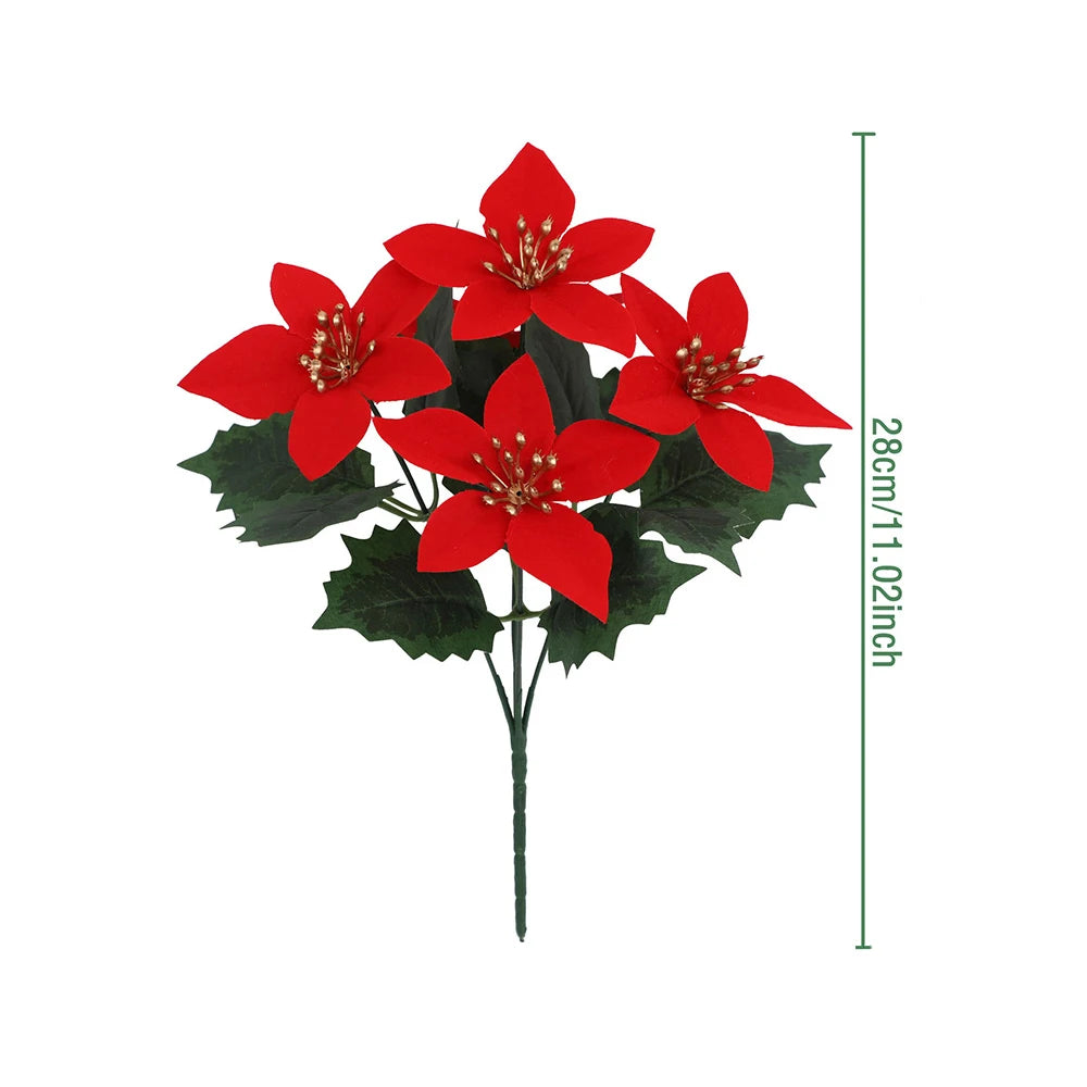 1pc Christmas Glitter Poinsettia Artificial Flowers Bushes Fake Flower Bouquet for New Year Home Xmas Tree Decorations Ornaments